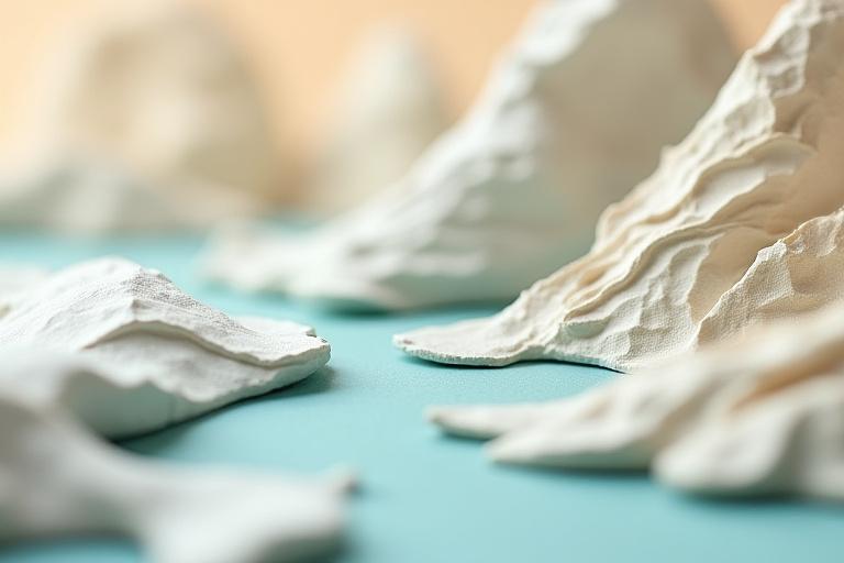 Détails texturés de sculptures en papier inspirées par les motifs naturels, avec une palette de couleurs douces et naturelles.