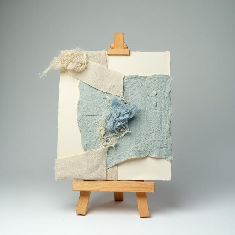 Objet décoratif sur chevalet, mélange de papier texturé et fragments de textile.