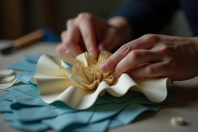 Mains d'artiste travaillant sur une sculpture en papier dans un atelier